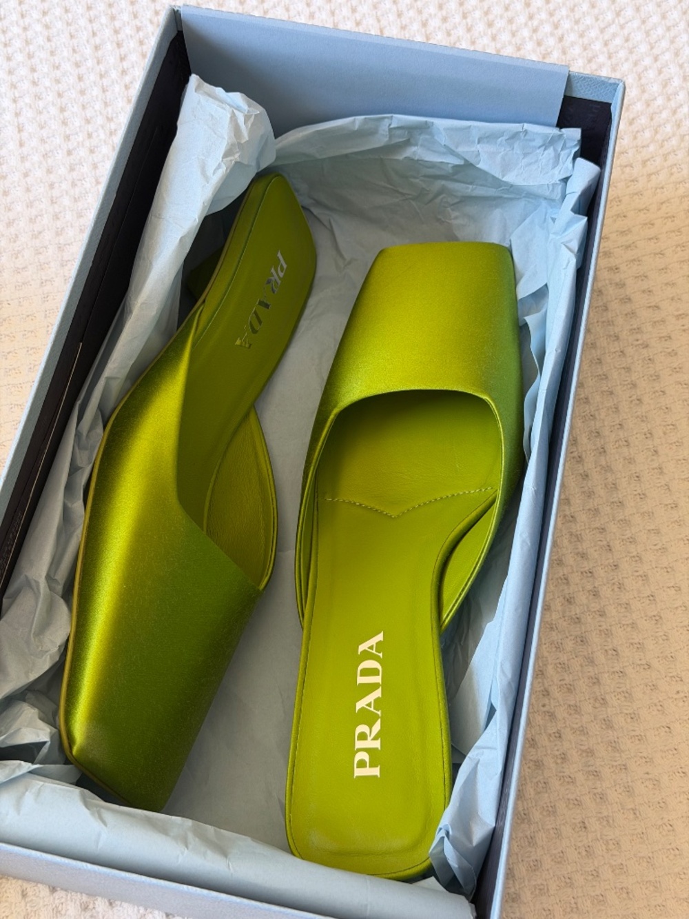 Prada Felce Green Satin Square Toe Mules Heels Size 37 - Picture 6 of 12